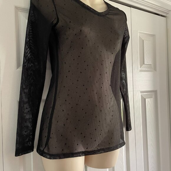 Black Sheer Long Sleeve Dot Party Top Size Small - Picture 4 of 9